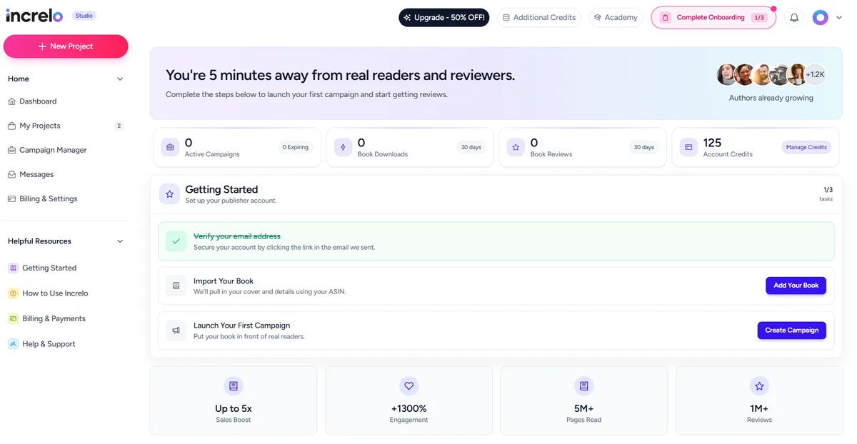 Launch dashboard preview showing campaign overview with reader progress and review stats